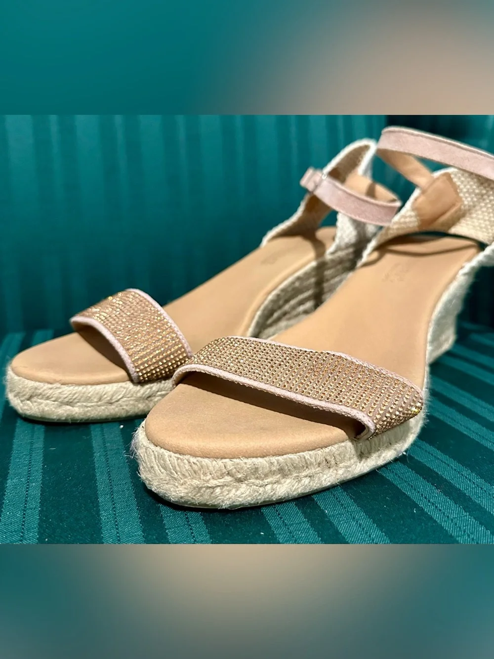 Sparkling Blush Espadrille Wedge Sandals with Ankle Strap